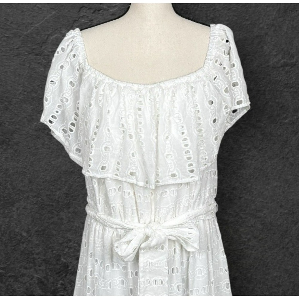 White Eyelet Peasant Off Shoulder Midi Dress Womens 3X Tiered Sash Feminine NWOT - Picture 3 of 8